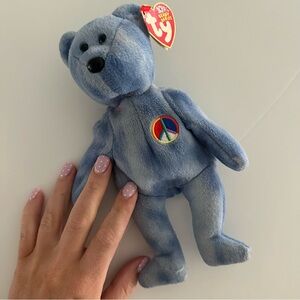 Ty Blue Peace Bear Plush with Rainbow Peace Patch